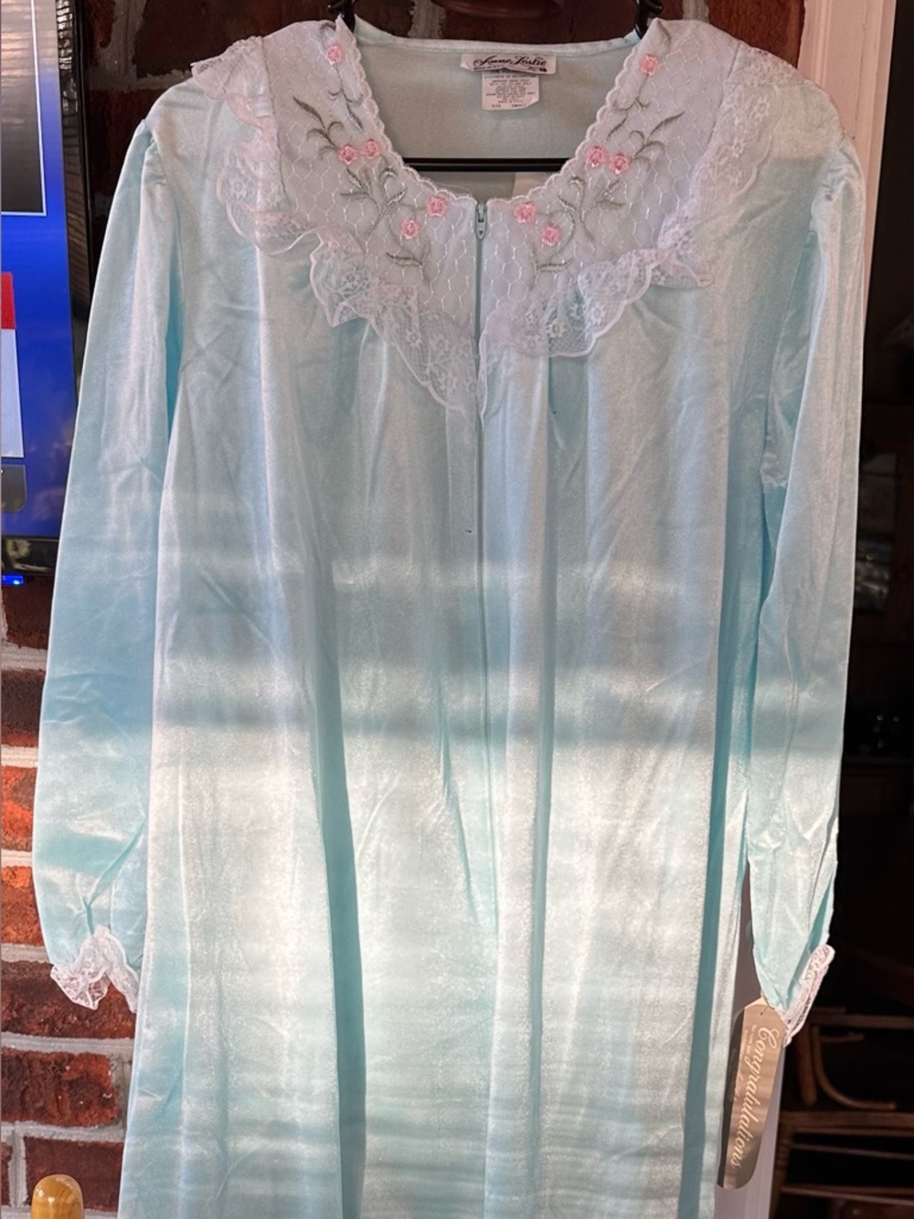 Vintage Light Blue Satin Women's Long Nightgown with Lace Trim